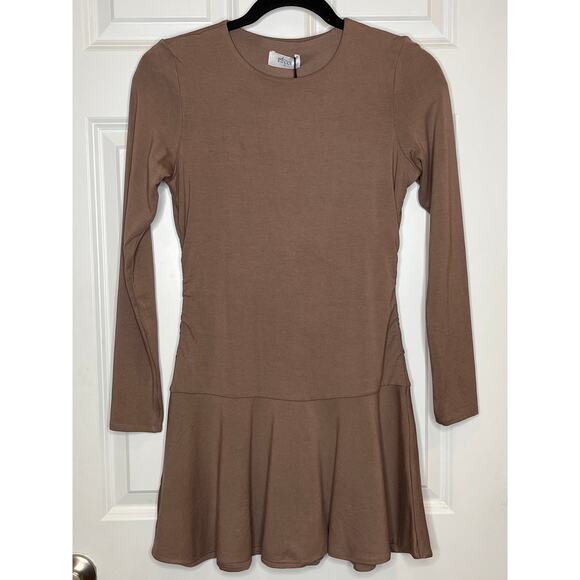 Oh Polly NEW Coco Modal Ruched Crew Neck Mini Dress in Taupe Medium - Picture 2 of 10
